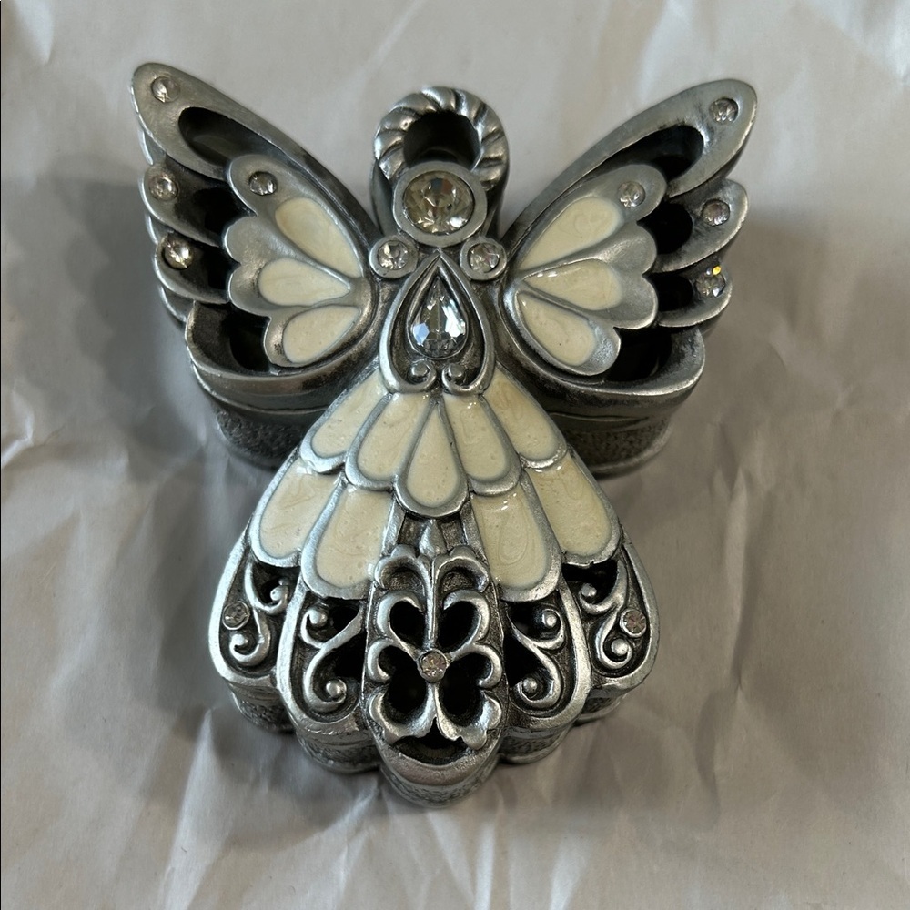 Vintage jewelry box as an Angel, metal silver tone with crystal / rhinestone